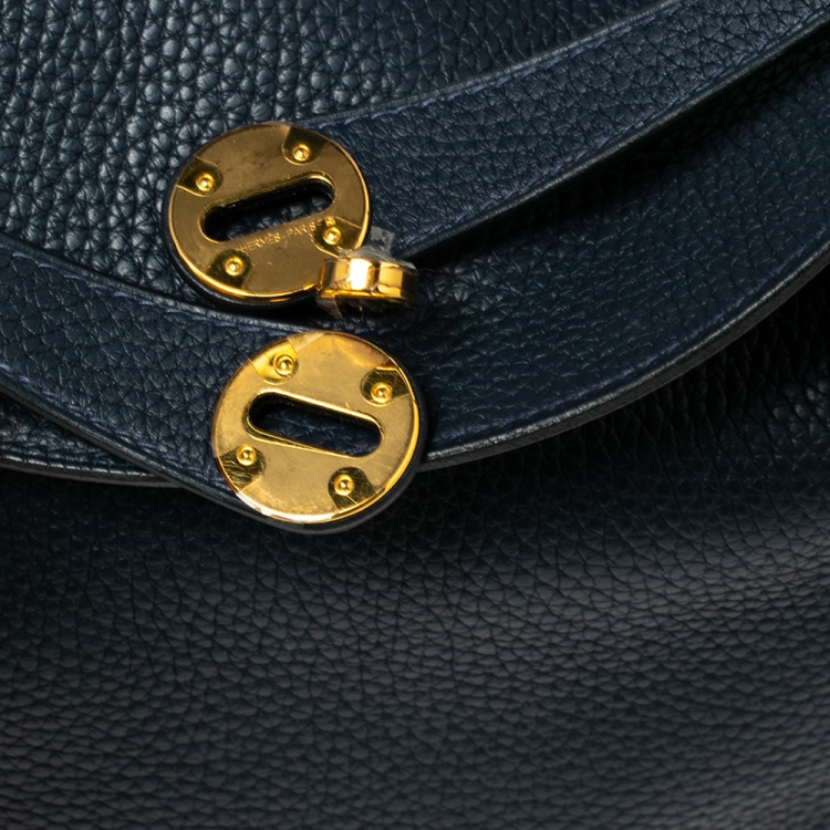 Pre Owned Hermes Blue Nuit Taurillon Clemence Gold Finish Lindy 30 Bag