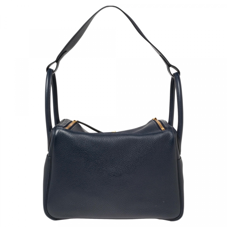 Pre Owned Hermes Blue Nuit Taurillon Clemence Gold Finish Lindy 30 Bag