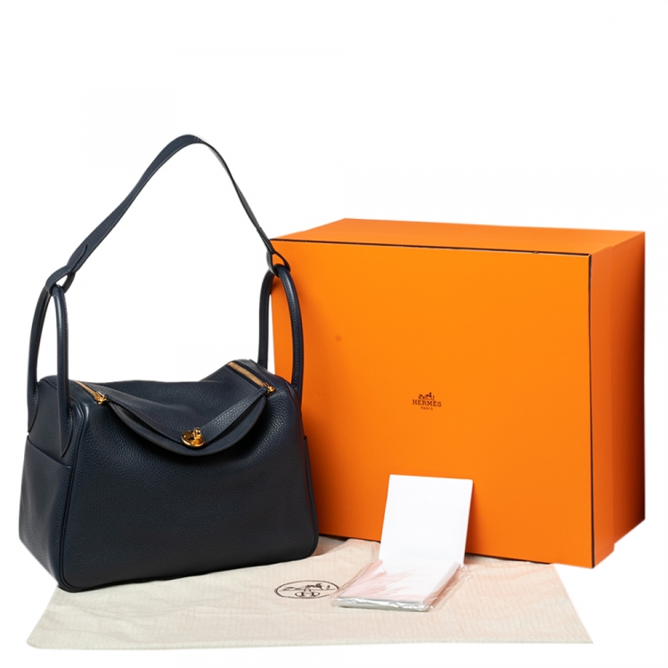 Pre Owned Hermes Blue Nuit Taurillon Clemence Gold Finish Lindy 30 Bag