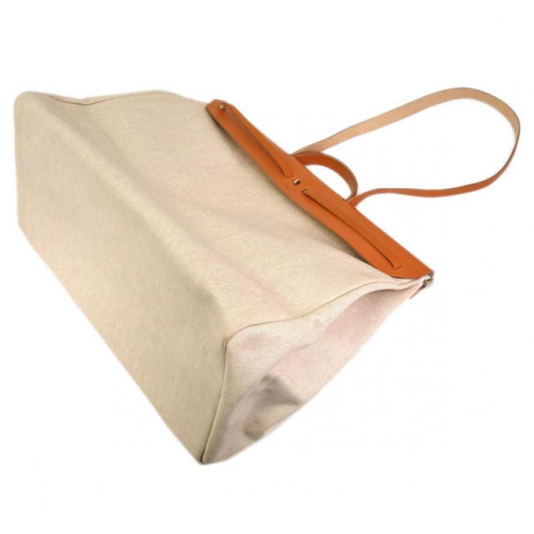 Pre Owned Hermes Tan Leather and Beige Toile Canvas Large Herbag