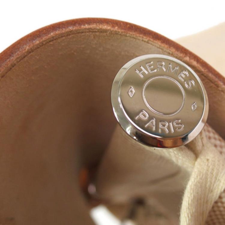 Pre Owned Hermes Tan Leather and Beige Toile Canvas Large Herbag