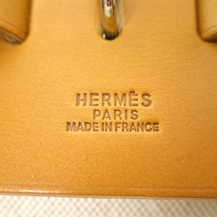 Pre Owned Hermes Tan Leather and Beige Toile Canvas Large Herbag