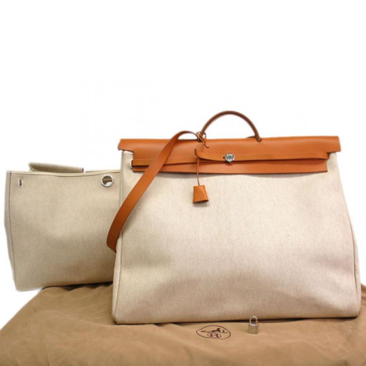 Pre Owned Hermes Tan Leather and Beige Toile Canvas Large Herbag