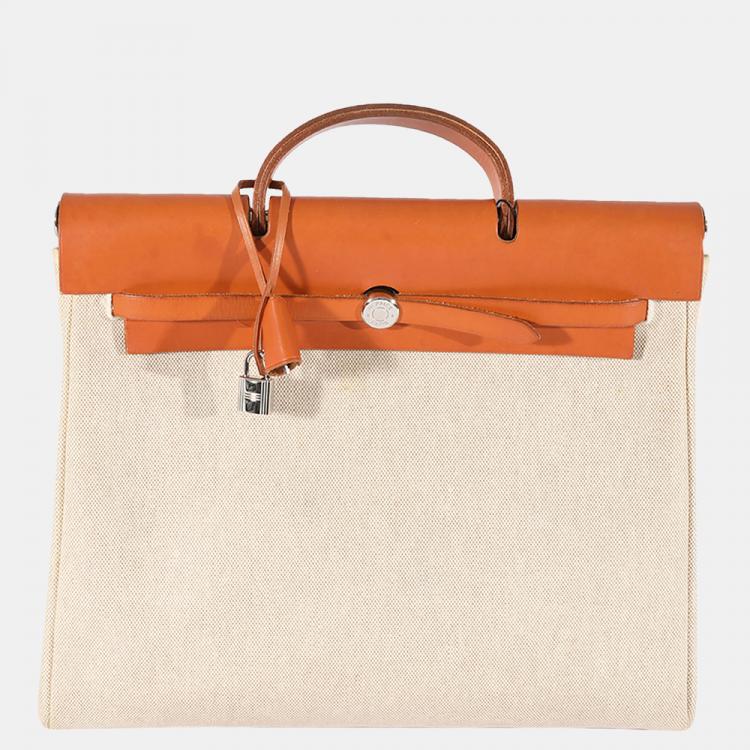 Pre Owned Hermes Ecru Toile & Natural Vache Hunter 2-in-1 Herbag 39 PHW