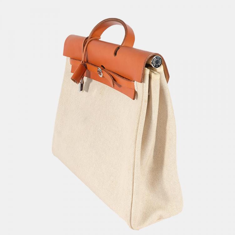 Pre Owned Hermes Ecru Toile & Natural Vache Hunter 2-in-1 Herbag 39 PHW