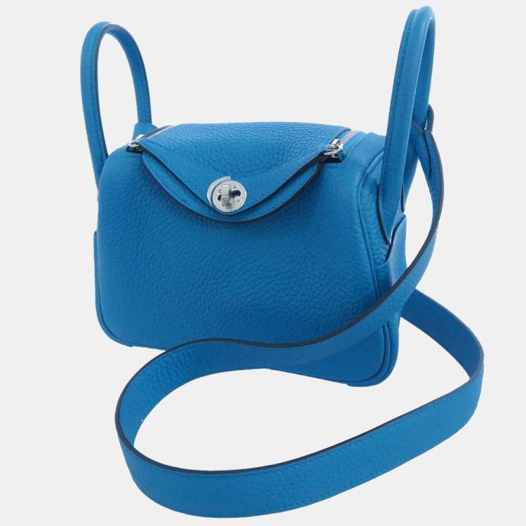Pre Owned Hermes Blue Taurillon Clemence Leather Mini Lindy 20 Shoulder Bag