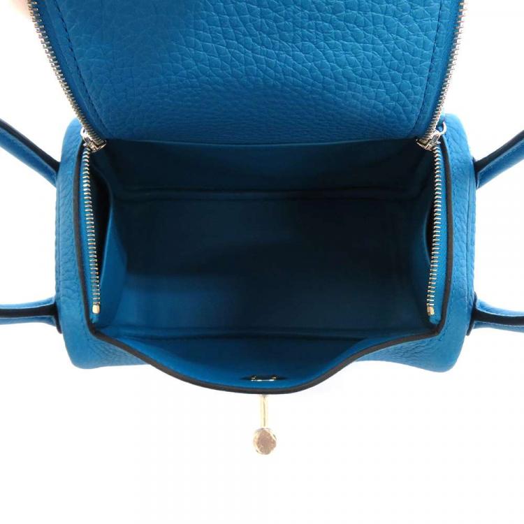 Pre Owned Hermes Blue Taurillon Clemence Leather Mini Lindy 20 Shoulder Bag