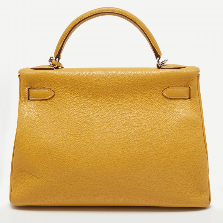 Pre Owned Hermes Jaune Togo Leather Palladium Finish Retourne Kelly 32 Bag