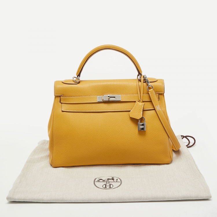 Pre Owned Hermes Jaune Togo Leather Palladium Finish Retourne Kelly 32 Bag