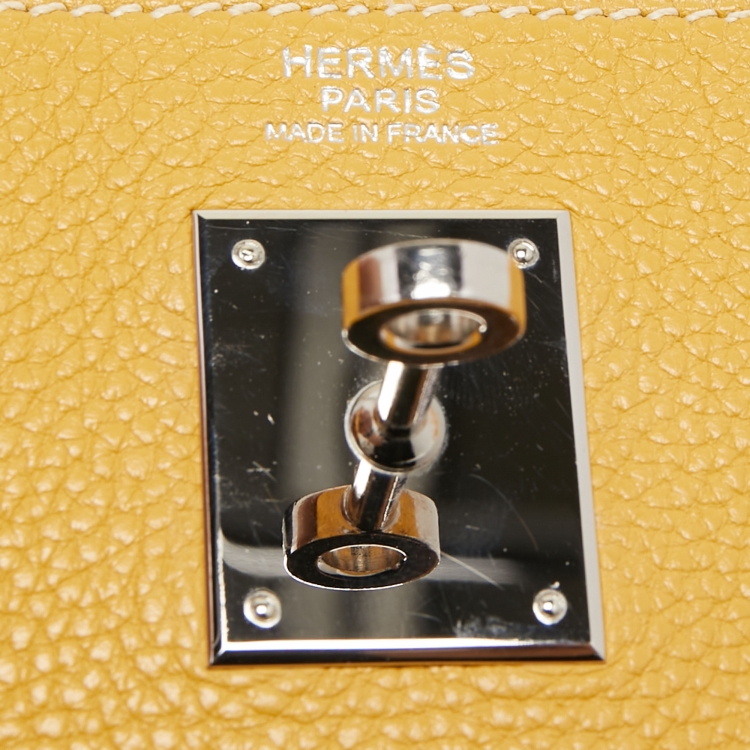 Pre Owned Hermes Jaune Togo Leather Palladium Finish Retourne Kelly 32 Bag