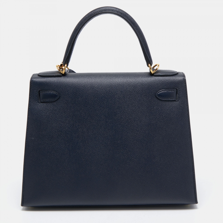Pre Owned Hermes Blue Nuit Epsom Leather Gold Finish Kelly Sellier 28 Bag