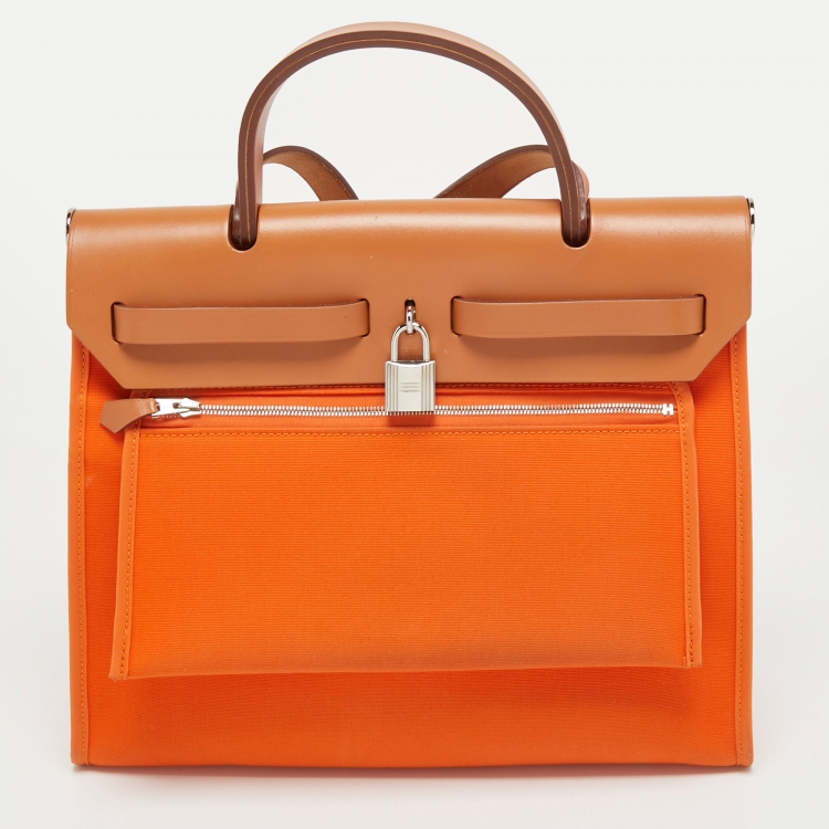 Pre Owned Hermes Feu/Natural Canvas and Leather Herbag Zip 31 Bag
