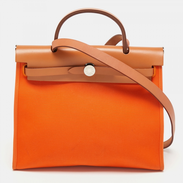 Pre Owned Hermes Feu/Natural Canvas and Leather Herbag Zip 31 Bag