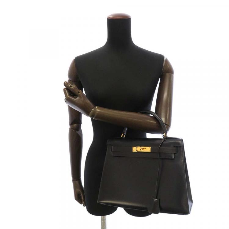 Pre Owned Hermes Black Box Calf Leather Gold Hardware Kelly Sellier 28 Bag 