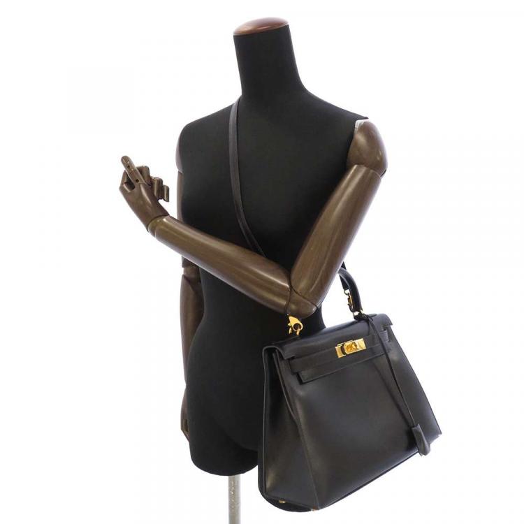 Pre Owned Hermes Black Box Calf Leather Gold Hardware Kelly Sellier 28 Bag 
