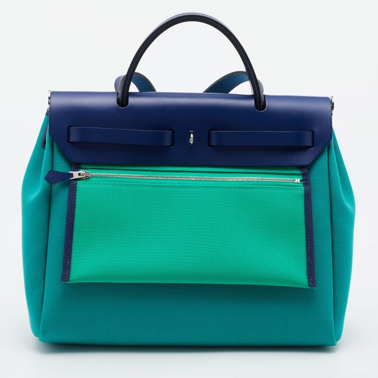 Pre Owned Hermes Bambou/Menthe/Blue Saphir Canvas and Leather Herbag Zip 31 Bag