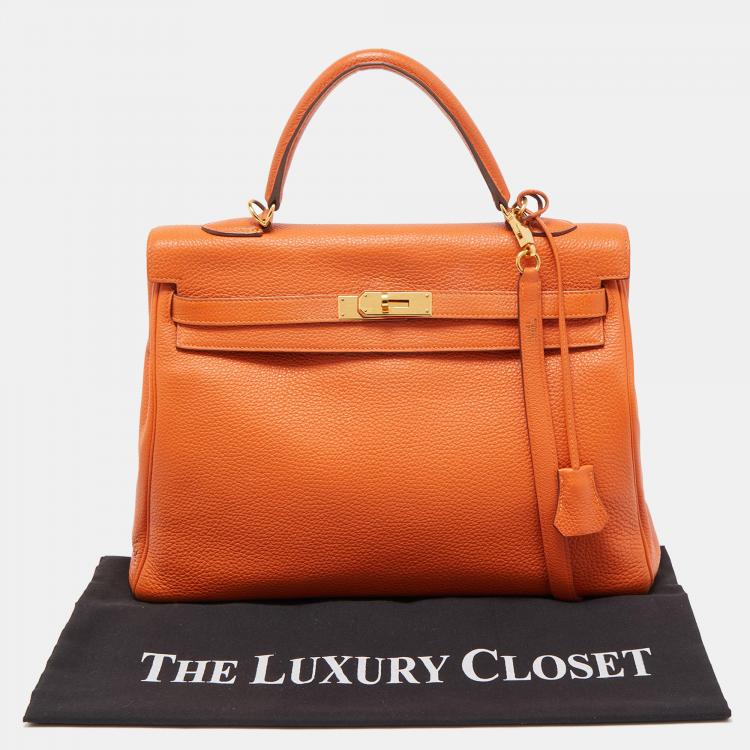 Pre Owned Hermès Orange Togo Leather Gold Finish Kelly Retourne 35 Bag