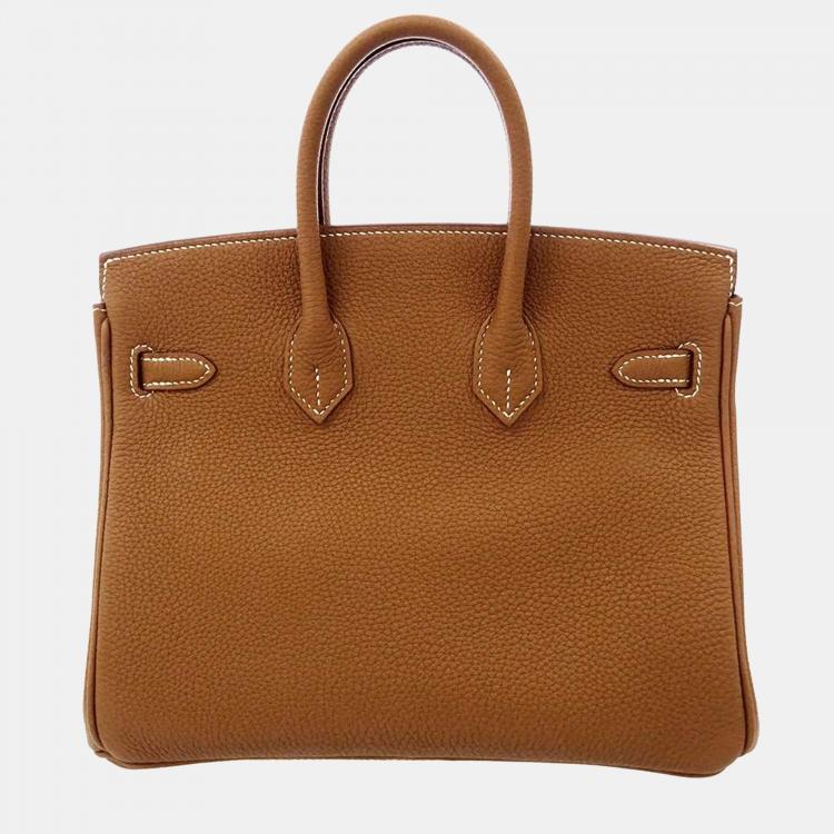 Pre Owned Hermes Gold Togo Leather Palladium Plated Hardware Birkin 25 Tote Bag