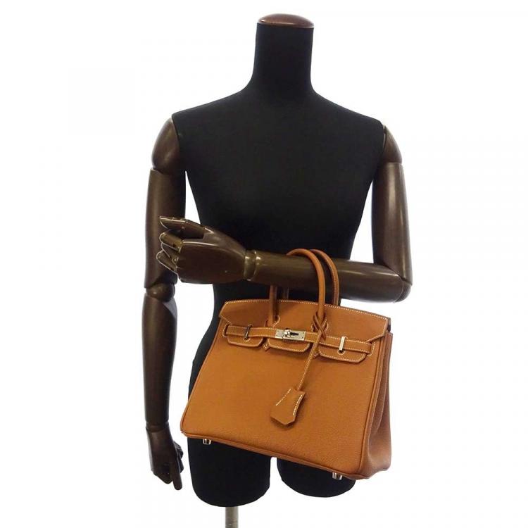 Pre Owned Hermes Gold Togo Leather Palladium Plated Hardware Birkin 25 Tote Bag