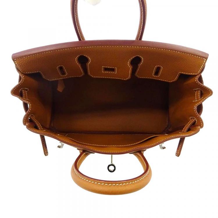 Pre Owned Hermes Gold Togo Leather Palladium Plated Hardware Birkin 25 Tote Bag