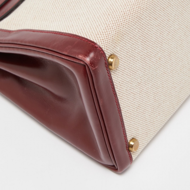 Pre Owned Hermes Rouge H/Beige Toile Canvas And Box Leather Gold Finish Kelly Retourné 28 Bag 