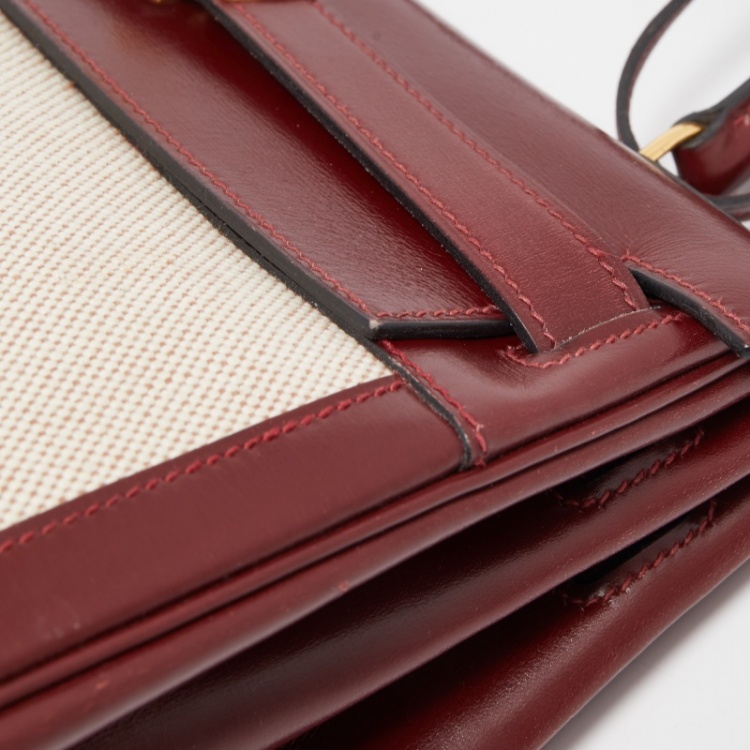 Pre Owned Hermes Rouge H/Beige Toile Canvas And Box Leather Gold Finish Kelly Retourné 28 Bag 