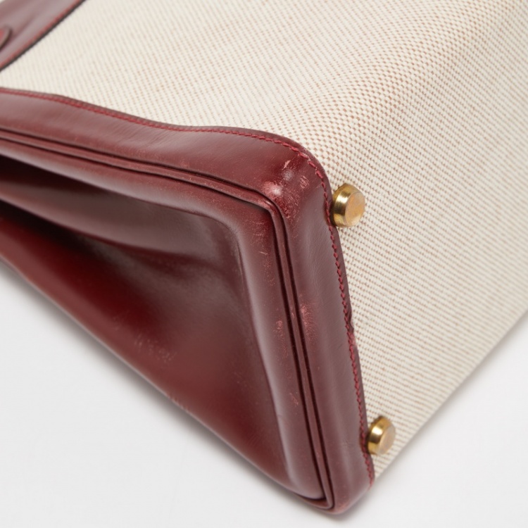 Pre Owned Hermes Rouge H/Beige Toile Canvas And Box Leather Gold Finish Kelly Retourné 28 Bag 