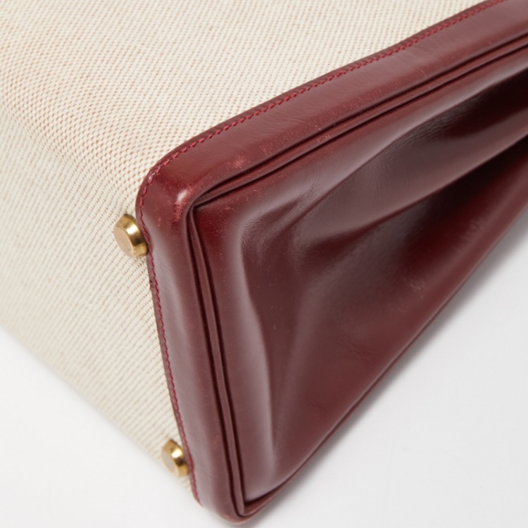 Pre Owned Hermes Rouge H/Beige Toile Canvas And Box Leather Gold Finish Kelly Retourné 28 Bag 