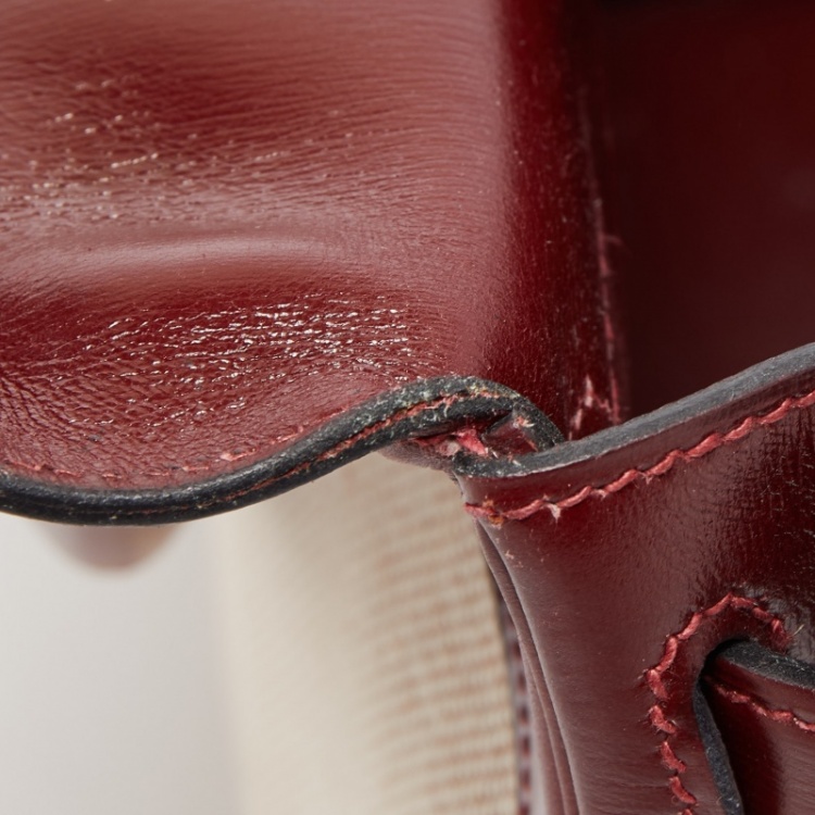 Pre Owned Hermes Rouge H/Beige Toile Canvas And Box Leather Gold Finish Kelly Retourné 28 Bag 