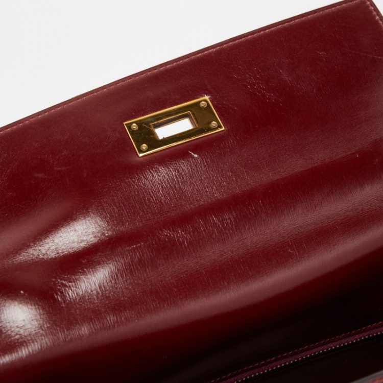 Pre Owned Hermes Rouge H/Beige Toile Canvas And Box Leather Gold Finish Kelly Retourné 28 Bag 