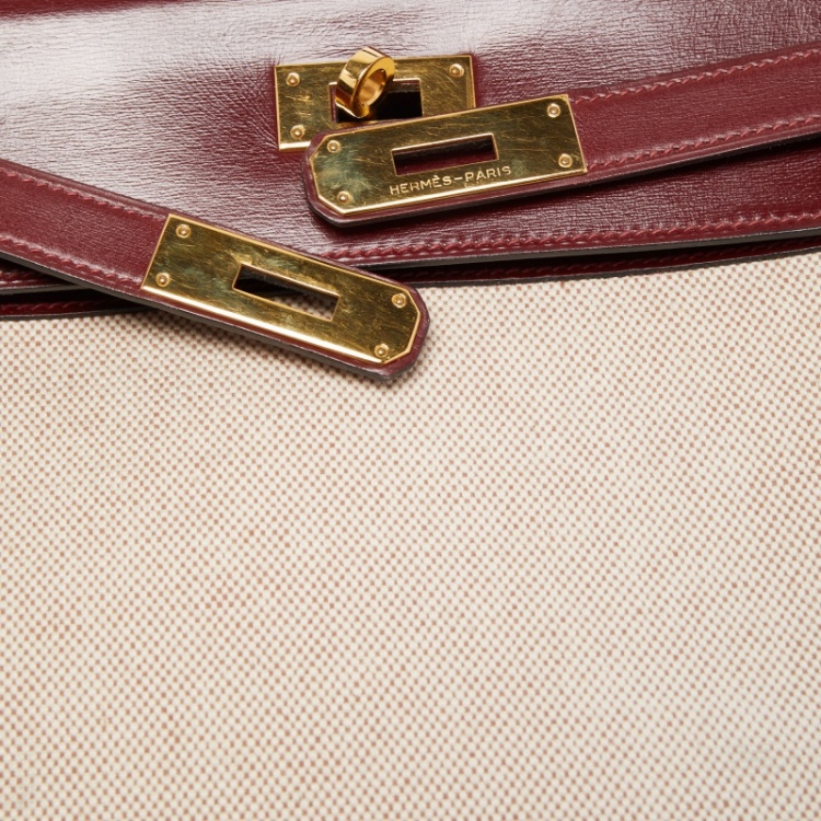 Pre Owned Hermes Rouge H/Beige Toile Canvas And Box Leather Gold Finish Kelly Retourné 28 Bag 