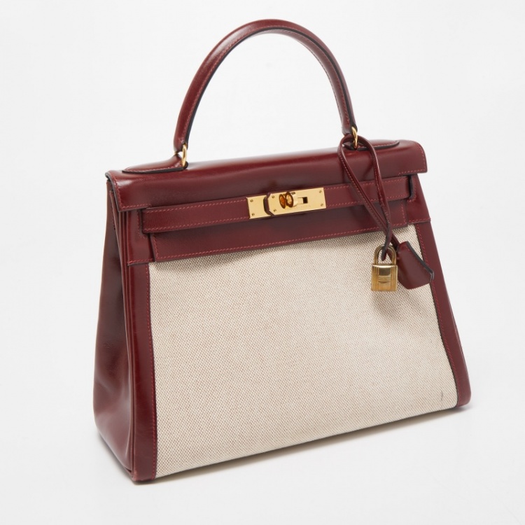 Pre Owned Hermes Rouge H/Beige Toile Canvas And Box Leather Gold Finish Kelly Retourné 28 Bag 