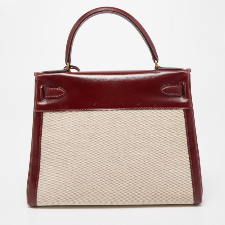 Pre Owned Hermes Rouge H/Beige Toile Canvas And Box Leather Gold Finish Kelly Retourné 28 Bag 