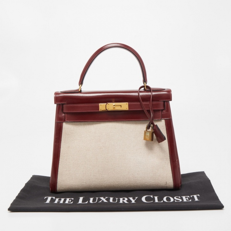 Pre Owned Hermes Rouge H/Beige Toile Canvas And Box Leather Gold Finish Kelly Retourné 28 Bag 