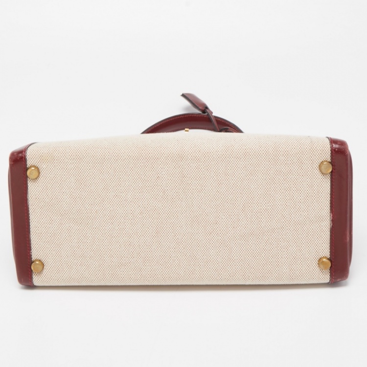 Pre Owned Hermes Rouge H/Beige Toile Canvas And Box Leather Gold Finish Kelly Retourné 28 Bag 