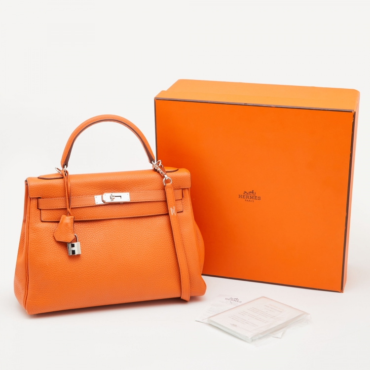 Pre Owned Hermes Orange Taurillon Clemence Leather Palladium Finish Kelly Retourne 32 Bag