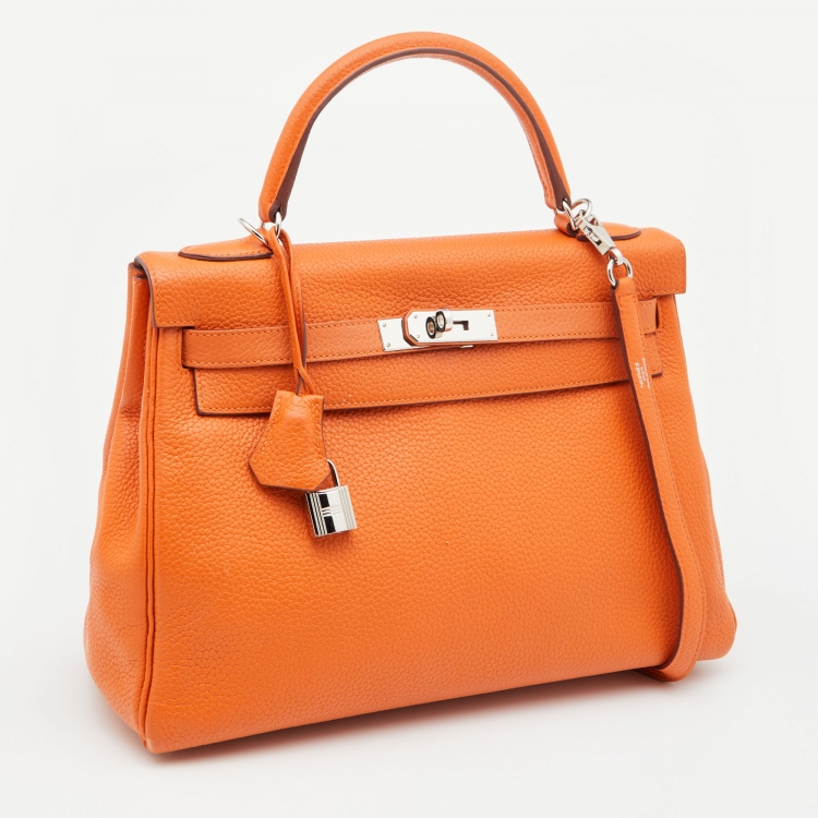 Pre Owned Hermes Orange Taurillon Clemence Leather Palladium Finish Kelly Retourne 32 Bag