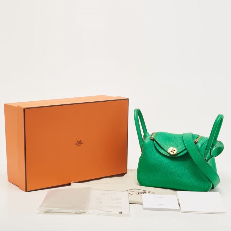 Pre Owned Hermes Menthe Taurillon Clemence Leather Gold Finish Lindy 20 Bag