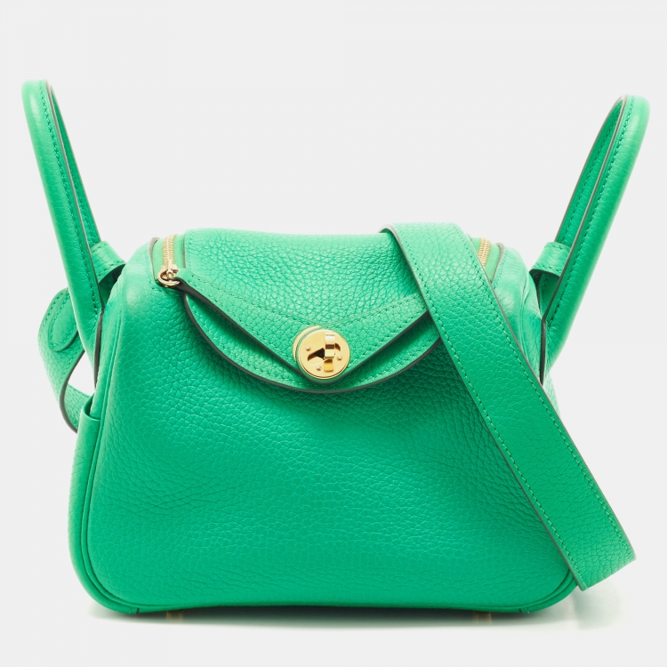 Pre Owned Hermes Menthe Taurillon Clemence Leather Gold Finish Lindy 20 Bag