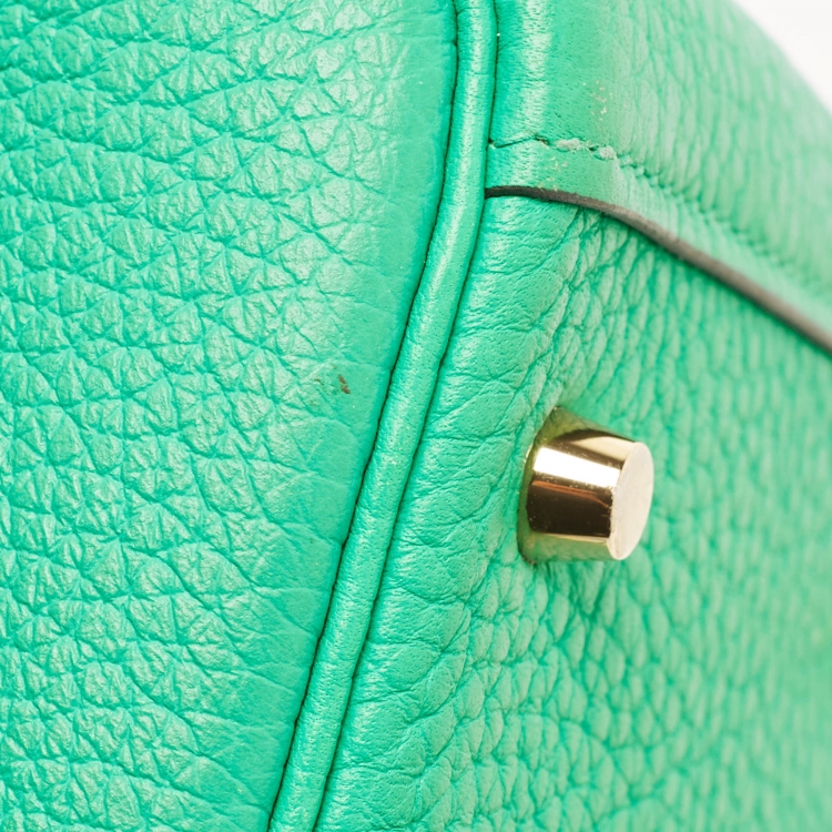 Pre Owned Hermes Menthe Taurillon Clemence Leather Gold Finish Lindy 20 Bag