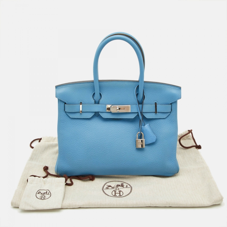 Pre Owned Hermes Celeste Taurillon Clemence Leather Palladium Finish Birkin 30 Bag