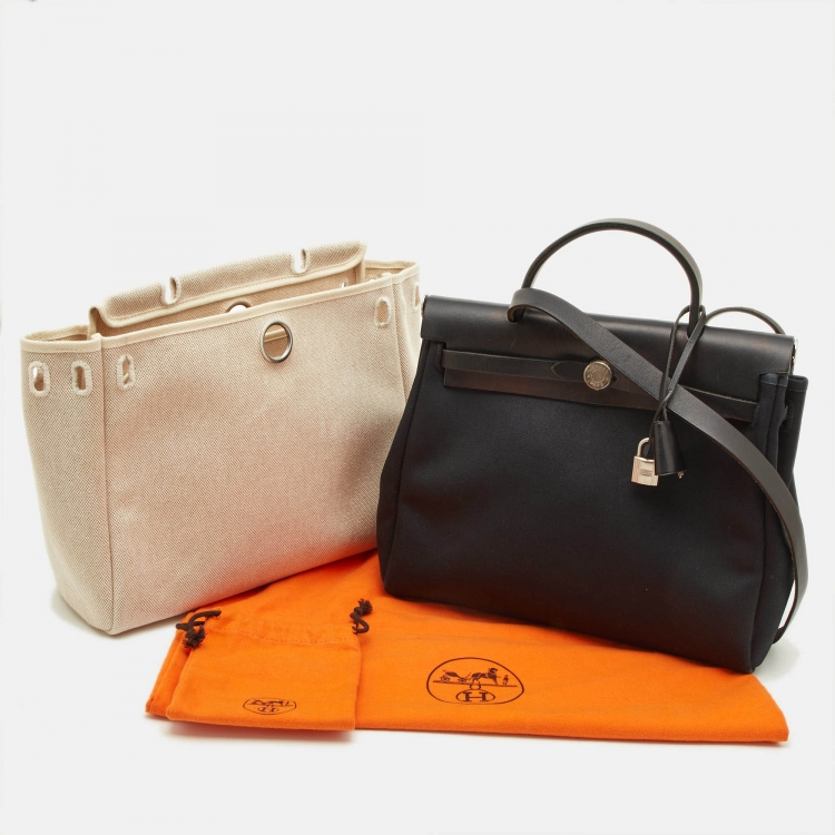 Pre Owned Hermes Beige/Black Leather and Canvas 2in1 Herbag Zip 31 Bag