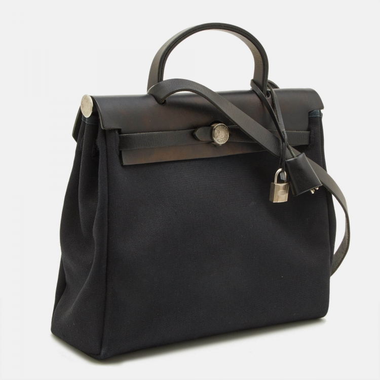 Pre Owned Hermes Beige/Black Leather and Canvas 2in1 Herbag Zip 31 Bag
