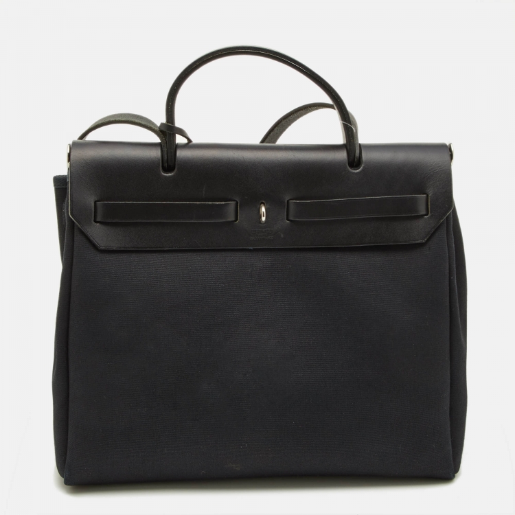 Pre Owned Hermes Beige/Black Leather and Canvas 2in1 Herbag Zip 31 Bag