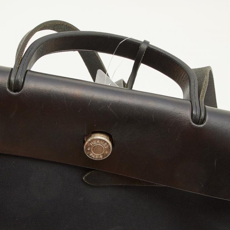 Pre Owned Hermes Beige/Black Leather and Canvas 2in1 Herbag Zip 31 Bag