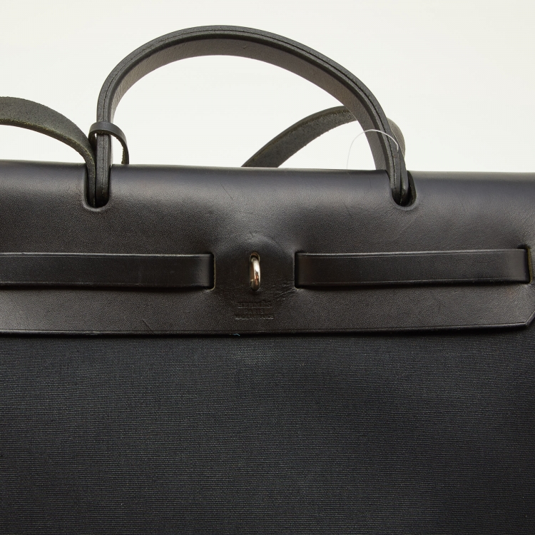 Pre Owned Hermes Beige/Black Leather and Canvas 2in1 Herbag Zip 31 Bag