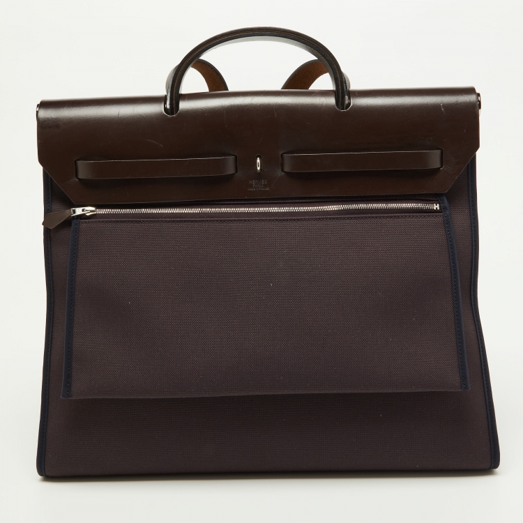 Pre Owned Hermes Ebene/Prunoir Canvas and Leather Herbag Zip 39 Bag