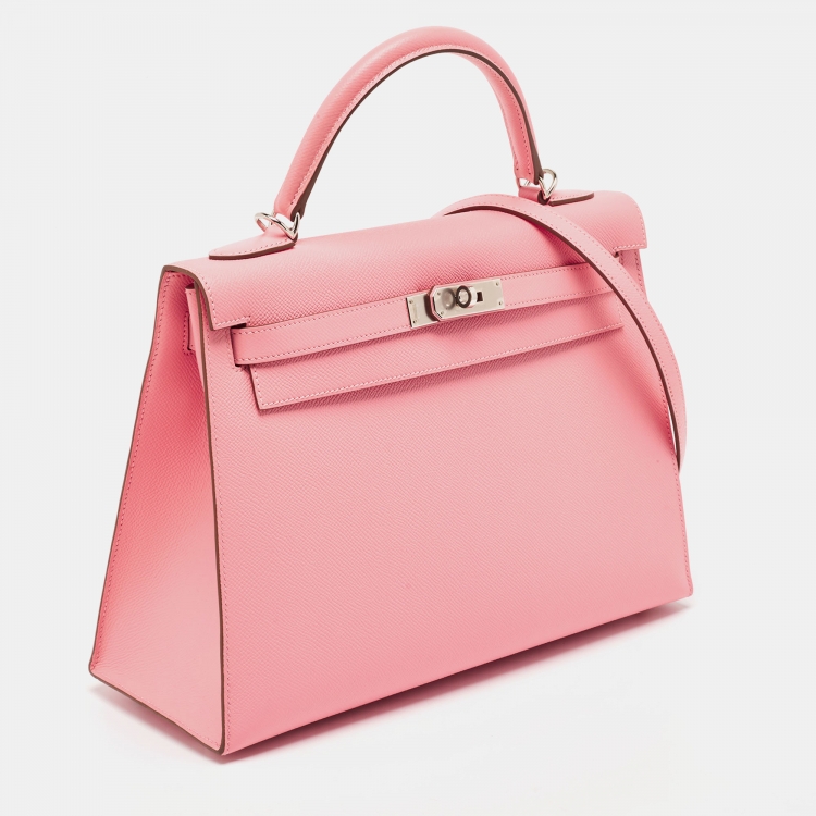 Pre Owned Hermes Rose Confetti Epsom Leather Palladium Finish Kelly Sellier 32 Bag