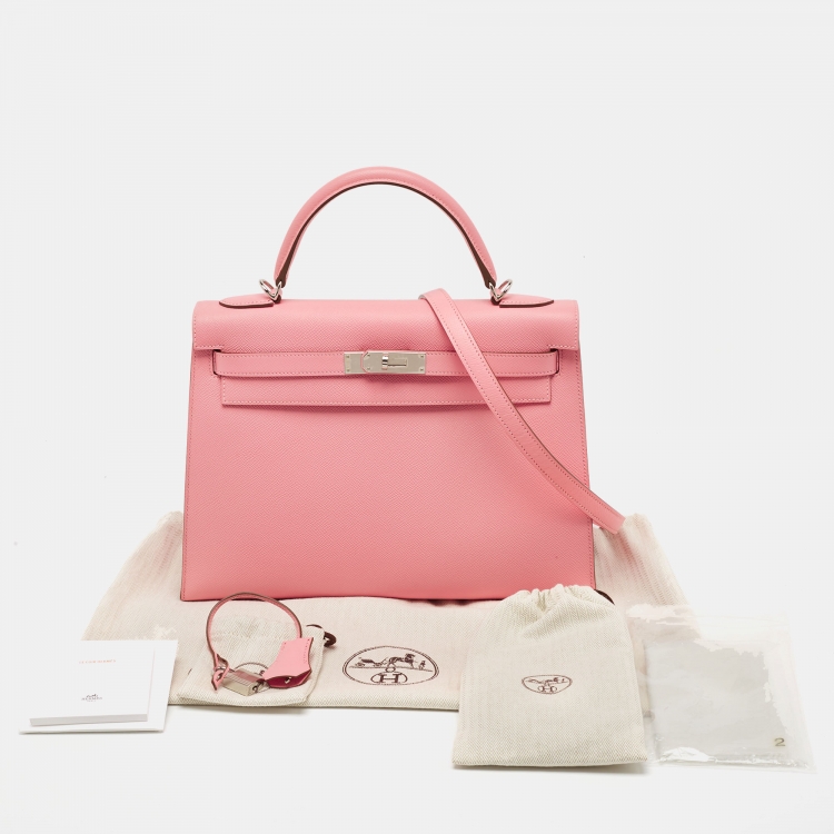 Pre Owned Hermes Rose Confetti Epsom Leather Palladium Finish Kelly Sellier 32 Bag