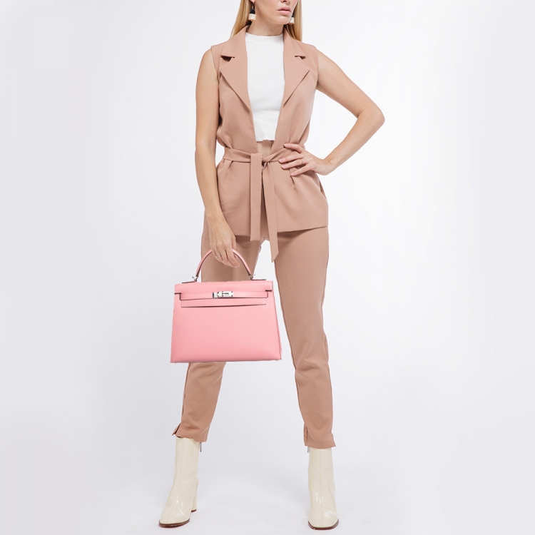 Pre Owned Hermes Rose Confetti Epsom Leather Palladium Finish Kelly Sellier 32 Bag